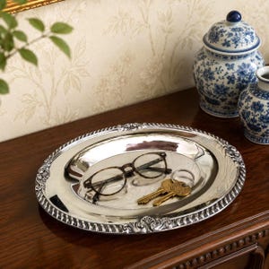 Vintage Silverplate Oval Tray | Rope Edge, Scroll Accents, Entry Catchall