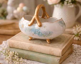 Floral Porcelain Basket Vintage | Hand Painted Forget Me Not Dish