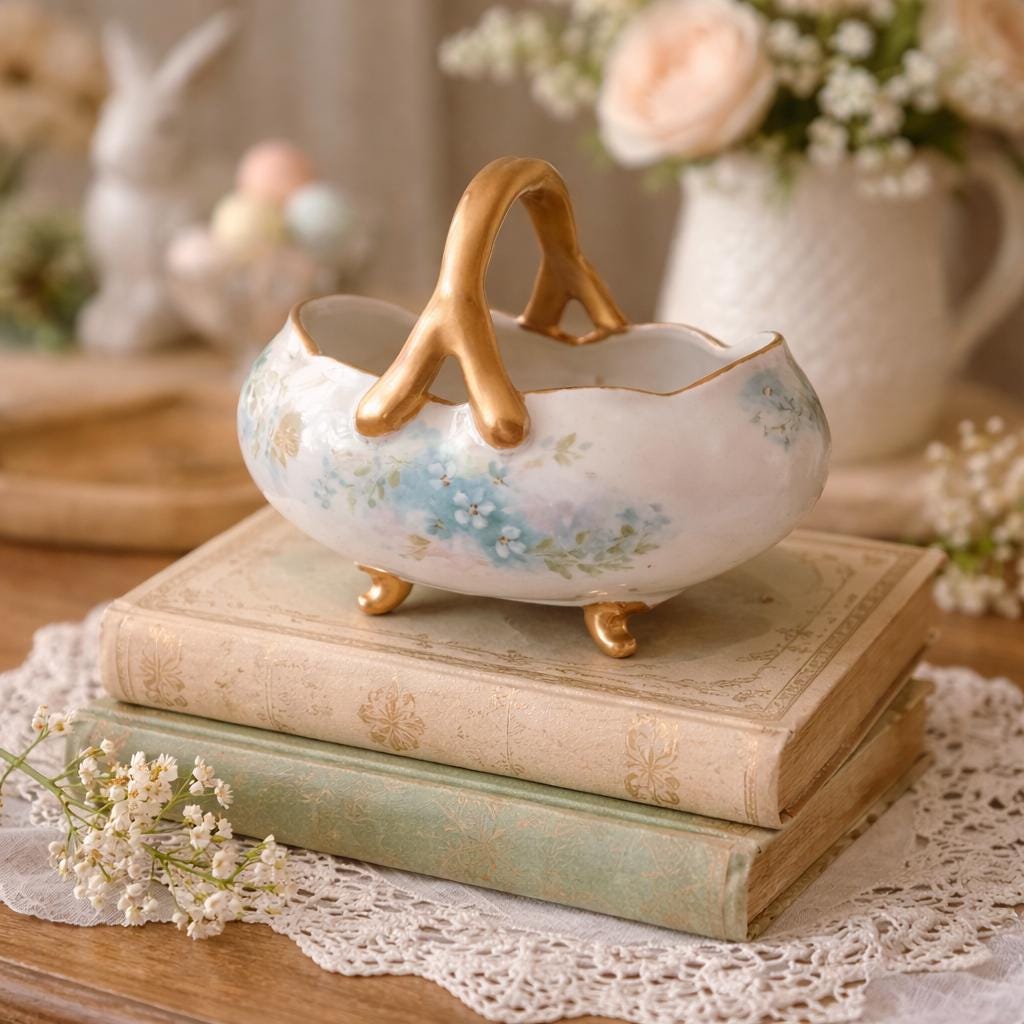 Floral Porcelain Basket Vintage | Hand Painted Forget Me Not Dish