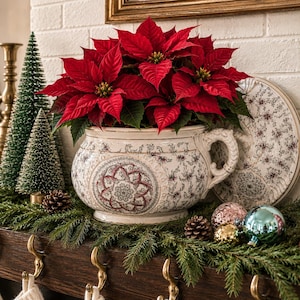 May include: A vibrant red poinsettia plant sits in a cream-colored ceramic chamber pot with intricate dark floral patterns and a side handle. The pot is displayed alongside two small green bottle brush trees, pine cones, and colorful ornaments.