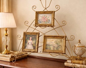 Vintage Hollywood Regency Metal Display Stand | Mid Century Gold Easel Plate Rack | Ornate Scroll 3 Rack Decor