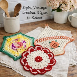 May include: Three handmade crochet items in various styles and colors. A green and yellow hexagon, a cream-colored square with an orange flower, and a red and cream circular design. Text reads "Eight Vintage Crochet Styles to Select."