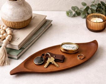 Vintage Wood Leaf Tray | MCM Catchall Dish | Teak Tone Trinket Tray | Mid Century Modern Decor | Small Dresser Valet
