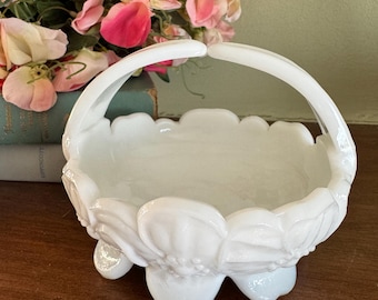 Vintage Westmoreland Milk Glass Basket Bowl with Handle | Dogwood Floral Candy Dish | Cottagecore Trinket Dish