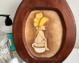 Vintage 1982 Signed Folk Art Painting Hobbs | Whimsical Potty Training Child Art | Toilet Seat Frame Nursery Bathroom Decor