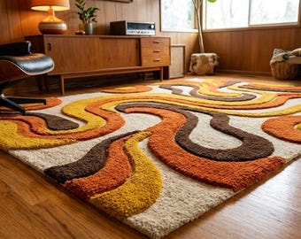 Retro Abstract Wave Rug, Mid Century Modern Mustard Orange Brown, Plush Shag