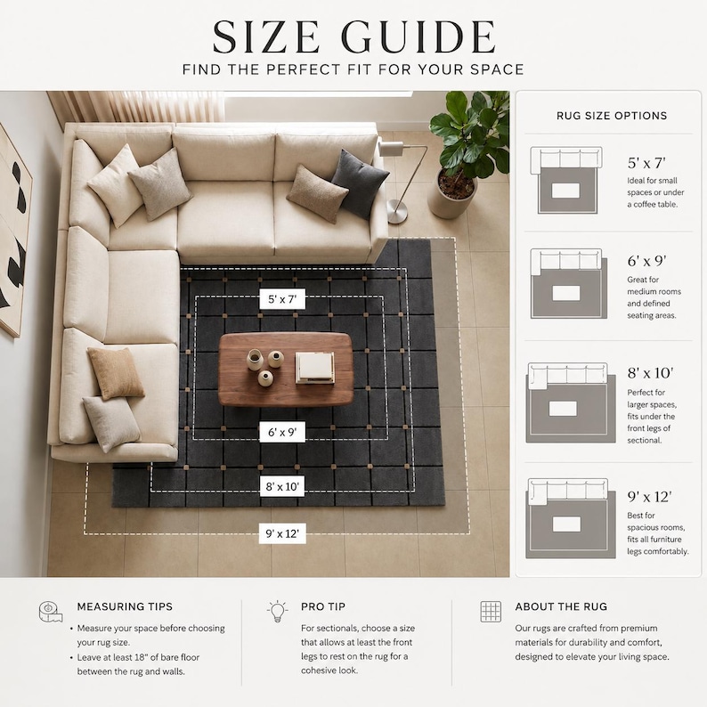 May include: A rug size guide with a sectional sofa and coffee table, illustrating different rug sizes. The guide shows rug sizes of 152cm x 213cm, 183cm x 274cm, 244cm x 305cm, and 274cm x 366cm, with text describing ideal uses.