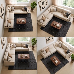 May include: Four-panel image of a modern living room. A large, cream-coloured sectional sofa is on a dark grey patterned rug. A wooden coffee table with decorative items is in front of the sofa. Artwork and plants complete the room's design.