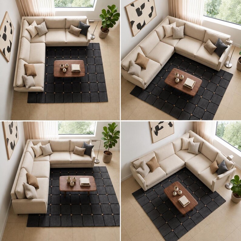 May include: Four-panel image of a modern living room. A large, cream-coloured sectional sofa is on a dark grey patterned rug. A wooden coffee table with decorative items is in front of the sofa. Artwork and plants complete the room's design.