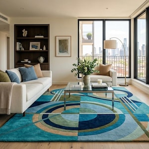 Blue Geometric Area Rug 5x7 6x9 8x10 Modern Abstract Living Room Rug Contemporary Handmade Carpet Teal Navy Accent Rug 9x12 10x14 Rug