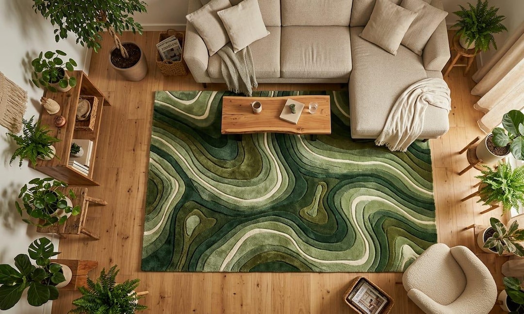 Green Abstract Topographic Wave Rug, Earth Tone Area Carpet, Olive Sage ...