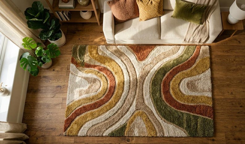 Modern abstrakt jordnära matta | Handtuftad matta | Boho vardagsrumsmatta | Grönbrun beige matta | Lyxig mjuk plyschmatta | 8x10 matta bild 2