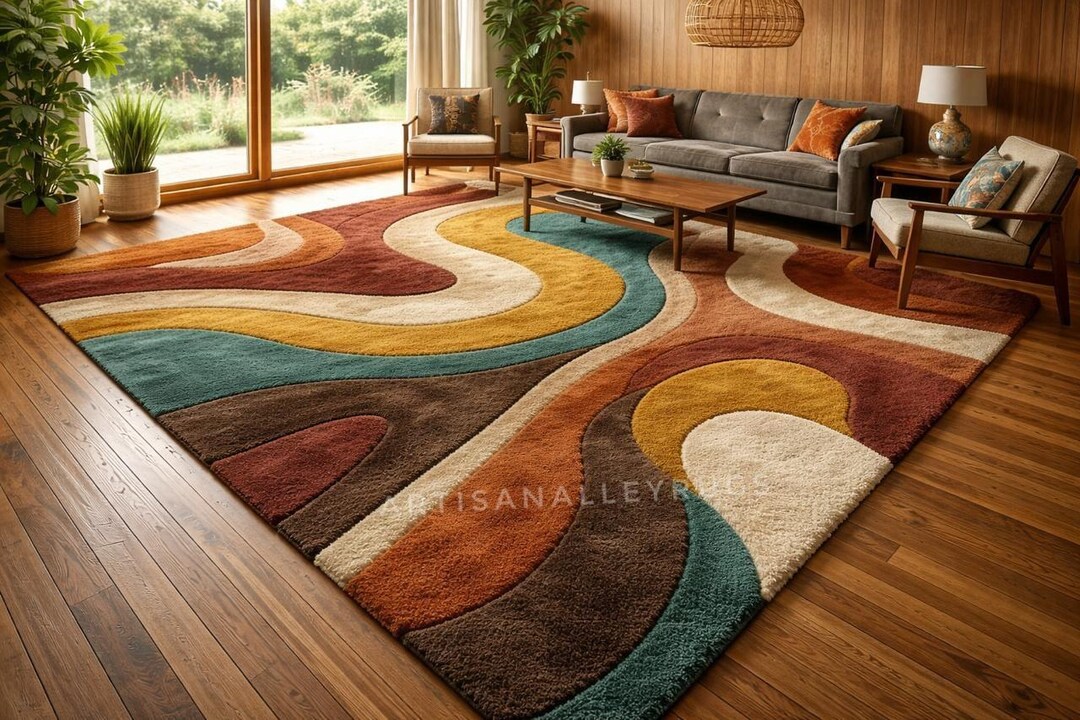 Boho Shag Rug, Retro Waves, Earth Tones (rust, Mustard, Teal) - Etsy