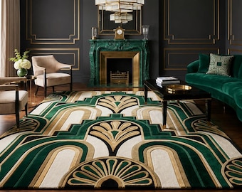 8x10 Emerald Green Art Deco Rug Geometric Luxury Area Rug | Green Cream Gold Rug | Modern Living Room Rug | Glam Home Decor 8x10 9x12 Rug