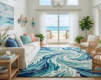 Coastal Ocean Wave Area Rug, Blue Abstract Swirl Carpet, Beach House Living Room Rug 8x10 / 9x12 / 10x14