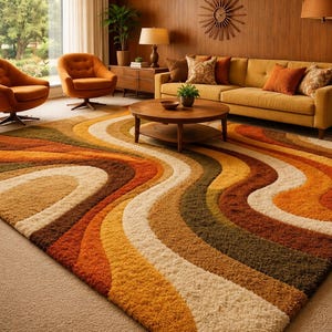 May include: A retro-style living room featuring a large, colorful area rug with a wavy pattern in shades of orange, brown, and cream. The room includes a mustard-yellow sofa, two swivel chairs, and a wooden coffee table. The rug measures approximately 9 x 12 feet.