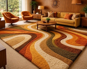 Mid Century Modern Shag Rug - Retro Abstract Waves, Warm Earthy Colors For Funky Living Room Rug 8x10 9x12 10x14