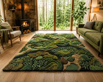 Organic Forest Landscape Tufted Rug 8x10, Moss Green Nature Area Rug, Textured Botanical Statement Rug for Living Room9x12 10x14 Rug