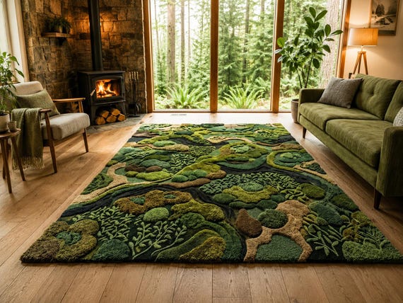 Organic Forest Landscape Tufted Rug 8x10, Moss Green Nature Area Rug, Textured Botanical Statement Rug for Living Room9x12 10x14 Rug