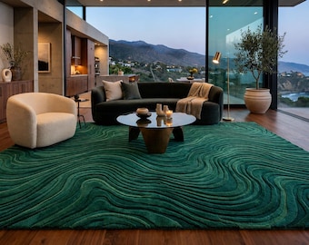 Emerald Green Abstract Rug, Hand Tufted Wool Area Rug, Luxury Carved Modern Rug, 5x8 6x9 8x10 9x12