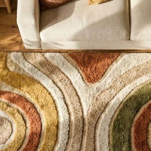 Modern abstrakt jordnära matta | Handtuftad matta | Boho vardagsrumsmatta | Grönbrun beige matta | Lyxig mjuk plyschmatta | 8x10 matta bild 4