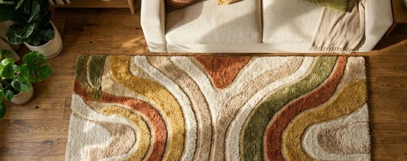 Modern abstrakt jordnära matta | Handtuftad matta | Boho vardagsrumsmatta | Grönbrun beige matta | Lyxig mjuk plyschmatta | 8x10 matta bild 4