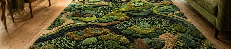 Może przedstawiać: Prostokątny dywan o wysokim włosiu i tuftowanej fakturze w r&oacute;żnych odcieniach zieleni, brązu i czerni. Wz&oacute;r naśladuje naturalny krajobraz z wypukłymi, mszystymi pag&oacute;rkami, wijącymi się ścieżkami i organicznymi kształtami na powierzchni.