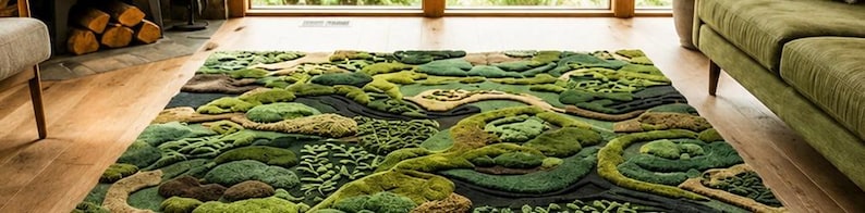 Może przedstawiać: Prostokątny dywan o wysokim, tuftowanym włosiu w r&oacute;żnych odcieniach zieleni, brązu i czerni. Wz&oacute;r naśladuje naturalny krajobraz z wypukłymi, przypominającymi mech płatami, wijącymi się ścieżkami i organicznymi kształtami na całej powierzchni.