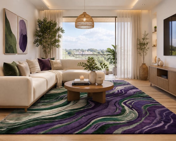 Purple Green Area Rug 6x9 Abstract Wavy Geometric Rug | Modern Luxury Living Room Rug | Contemporary Colorful Home Decor 8x10 9x12 10x14 Rug
