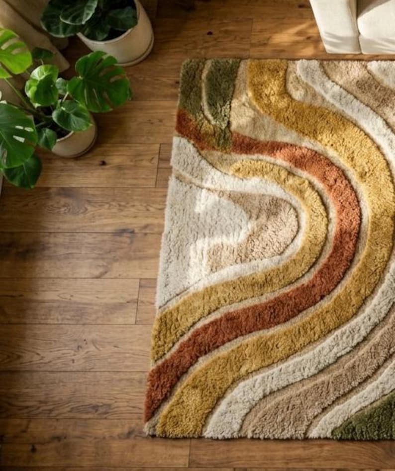 Modern abstrakt jordnära matta | Handtuftad matta | Boho vardagsrumsmatta | Grönbrun beige matta | Lyxig mjuk plyschmatta | 8x10 matta bild 6
