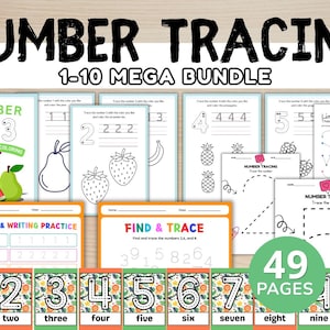 Può includere: Un set educativo per tracciare i numeri da 1 a 10 con 49 fogli di esercizi. La raccolta include schede di attività in bianco e nero con numeri, frutta e linee da tracciare, oltre a pagine colorate per esercizi di conteggio e scrittura.
