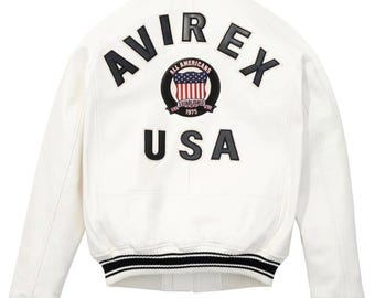 Avirex White Leather Varsity Bomber Jacket Handmade – Avirex USA Inspired Streetwear