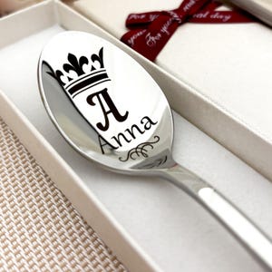 Personalized Crown Name Spoon – Custom Engraved Coffee Spoon with Initial & Name – Monogram Spoon Gift – Unique Personalized Gift Idea