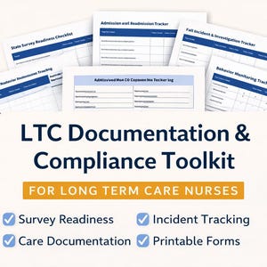 Puede incluir: Una colección de documentos en papel blanco con encabezados y texto azules, que incluyen listas de verificación y rastreadores. Los documentos están etiquetados con títulos como "State Survey Readiness Checklist" y "Fall Incident & Investigation Tracker." La imagen también incluye el texto "LTC Documentation & Compliance Toolkit."