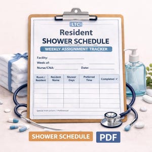 Modèle d'horaire de douche pour résidents de SLD à imprimer | Feuille de travail de l'AIIC pour les soins de longue durée