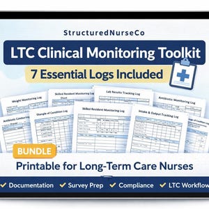 Może przedstawiać: Tablet cyfrowy wyświetla "LTC Clinical Monitoring Toolkit" z 7 niezbędnymi dziennikami. Zestaw narzędzi jest przeznaczony dla pielęgniarek w opiece długoterminowej i zawiera dzienniki monitorowania wagi, wyników badań laboratoryjnych i innych. Obraz zawiera również tekst "BUNDLE" oraz znaki wyboru dla dokumentacji, przygotowania do ankiety, zgodności i przepływu pracy LTC.