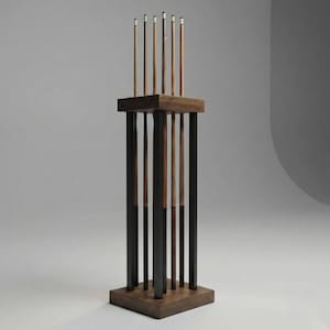 Handcrafted Wood and Metal Pool Cue Stand | 6 Cue Billiard Rack, Game Room Decor