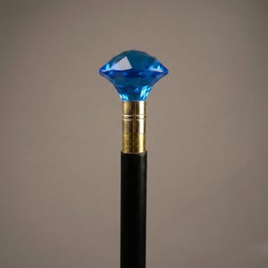 Blue Crystal Knob Walking Stick – 36" Black Hardwood Cane with Brass Accents (3-Piece Detachable)
