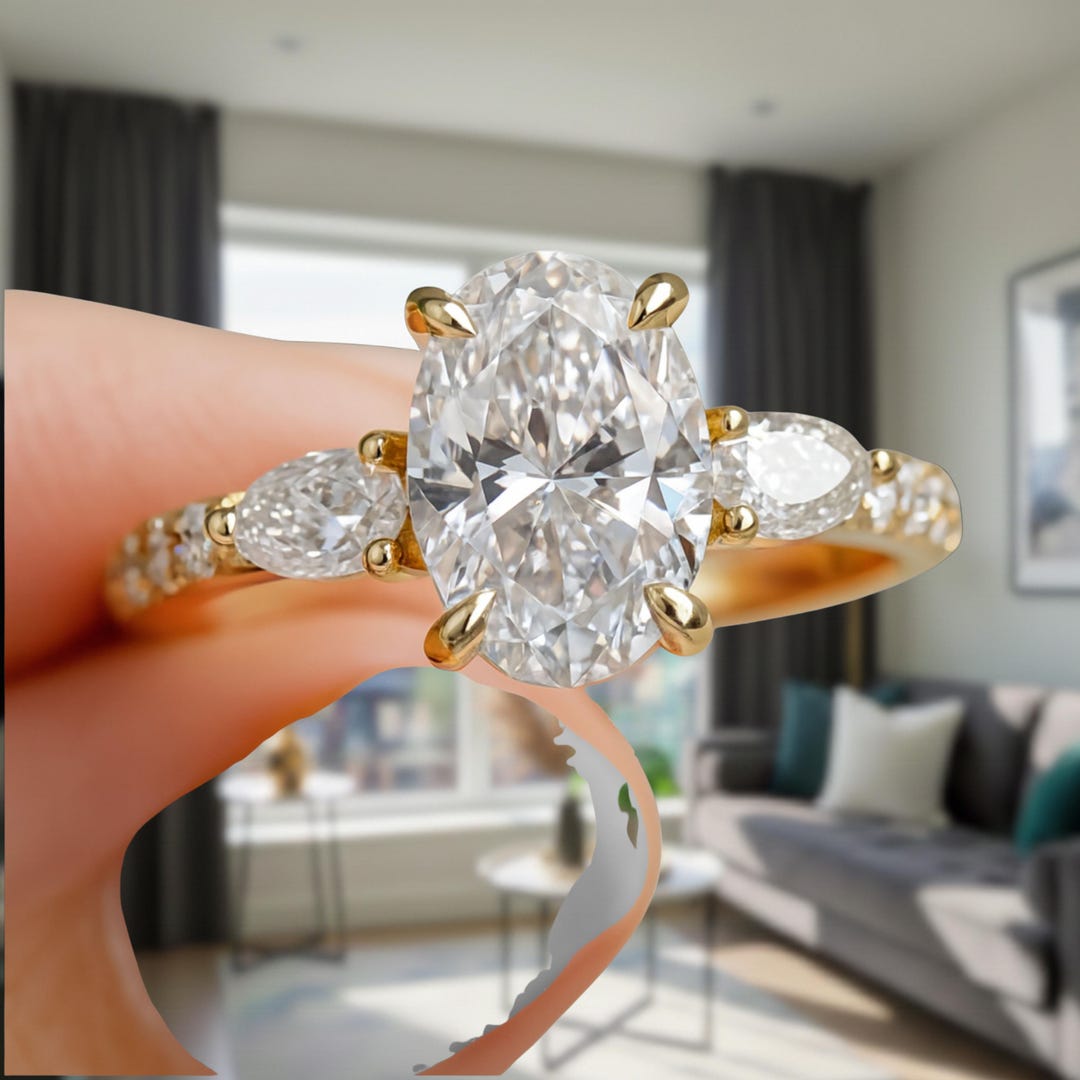 Oval Three Stone Diamond Engagement Ring Pear Side Stones, Pave Band in ...