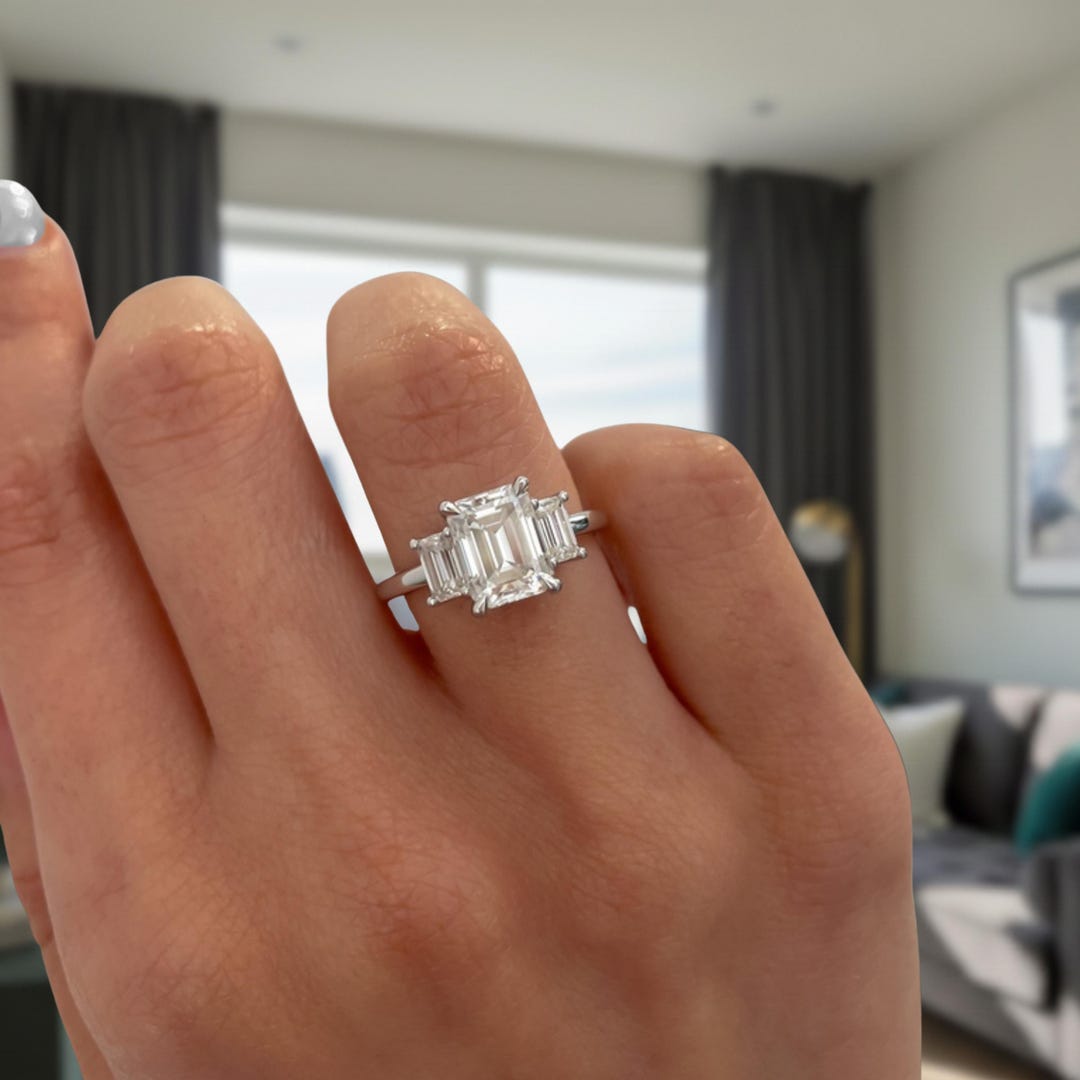 Emerald Cut Lab Grown Diamond Three Stone Engagement Ring | Unique ...