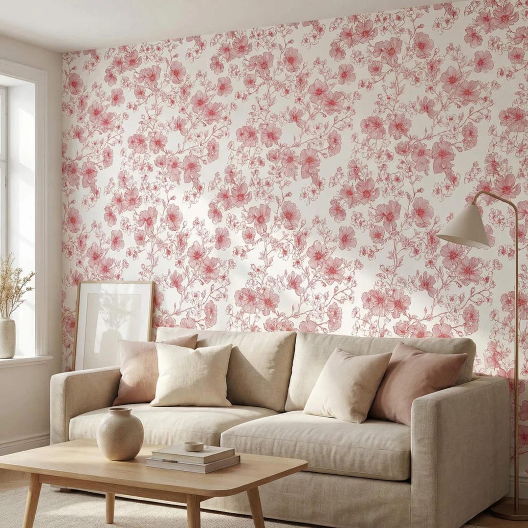 Pink Floral Wallpaper | Botanical Peel & Stick Wallpaper | Removable ...