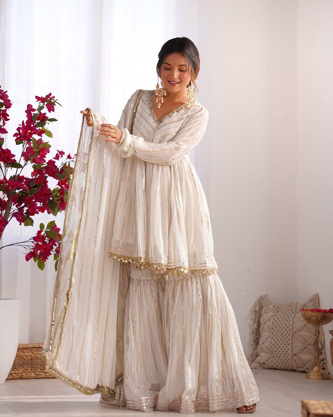 slim fit dress slacks Buy Off-White Georgette Embroidered Indo-Western Sharara Suit With Dupatta main image 0