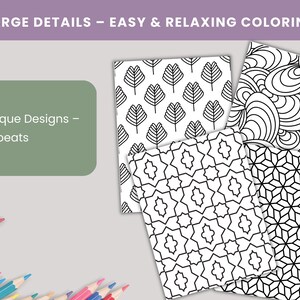 Puede incluir: Varias p&aacute;ginas para colorear en blanco y negro con dise&ntilde;os geom&eacute;tricos y de hojas. La imagen incluye el texto "LARGE DETAILS - EASY & RELAXING COLORING" y "55 Unique Designs - No Repeats". Se ven l&aacute;pices de colores en la parte inferior.