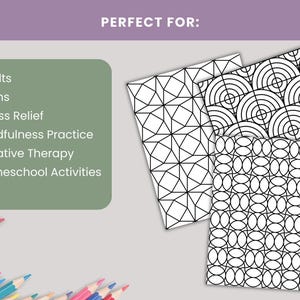 Puede incluir: Tres p&aacute;ginas para colorear con patrones geom&eacute;tricos en blanco y negro. Las p&aacute;ginas presentan diferentes dise&ntilde;os, incluyendo formas geom&eacute;tricas, c&iacute;rculos conc&eacute;ntricos y patrones ovalados. La imagen tambi&eacute;n incluye el texto "Perfecto para:" y enumera actividades como alivio del estr&eacute;s y terapia creativa.