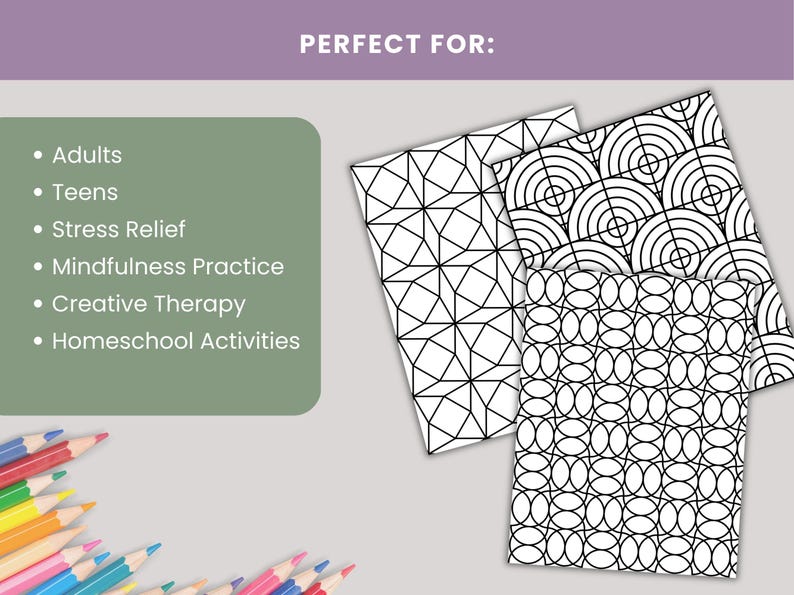 Puede incluir: Tres p&aacute;ginas para colorear con patrones geom&eacute;tricos en blanco y negro. Las p&aacute;ginas presentan diferentes dise&ntilde;os, incluyendo formas geom&eacute;tricas, c&iacute;rculos conc&eacute;ntricos y patrones ovalados. La imagen tambi&eacute;n incluye el texto "Perfecto para:" y enumera actividades como alivio del estr&eacute;s y terapia creativa.