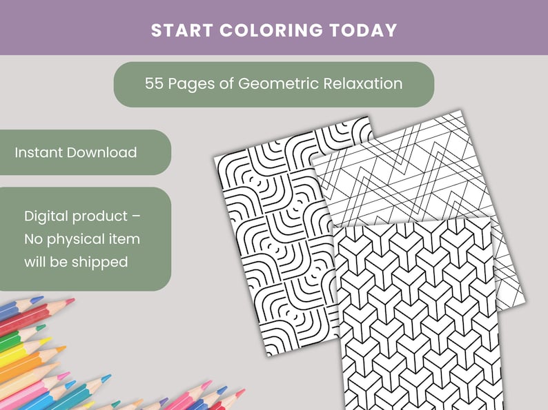 Puede incluir: Descarga digital con 55 p&aacute;ginas de dise&ntilde;os geom&eacute;tricos para colorear. La imagen muestra patrones en blanco y negro, con el texto "Start Coloring Today" y "55 Pages of Geometric Relaxation."