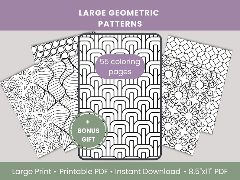 Puede incluir: Un conjunto de p&aacute;ginas para colorear con patrones geom&eacute;tricos. La p&aacute;gina central presenta un dise&ntilde;o de arcos repetidos, rodeada de otras p&aacute;ginas con varios patrones geom&eacute;tricos. El texto dice "55 p&aacute;ginas para colorear" y "Bonus Gift". El banner inferior dice "Large Print &bull; Printable PDF &bull; Instant Download &bull; 21,59cm x 27,94cm PDF".