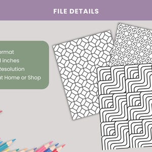 Puede incluir: Tres dise&ntilde;os en blanco y negro estampados en papel. Los patrones incluyen formas geom&eacute;tricas y l&iacute;neas onduladas. El tama&ntilde;o del papel es de 21,59 x 27,94 cm. La imagen tambi&eacute;n incluye el texto "FILE DETAILS" y vi&ntilde;etas con detalles del producto.