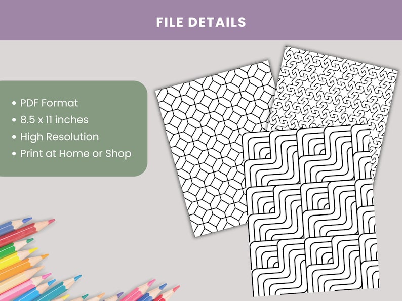 Puede incluir: Tres dise&ntilde;os en blanco y negro estampados en papel. Los patrones incluyen formas geom&eacute;tricas y l&iacute;neas onduladas. El tama&ntilde;o del papel es de 21,59 x 27,94 cm. La imagen tambi&eacute;n incluye el texto "FILE DETAILS" y vi&ntilde;etas con detalles del producto.