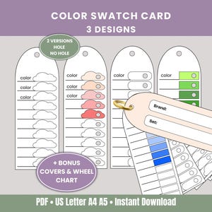 May include: Color swatch card with three designs. The card features a variety of color swatches, including cloud shapes and color blocks. The card includes the text "COLOR SWATCH CARD 3 DESIGNS" and "+ BONUS COVERS & WHEEL CHART".